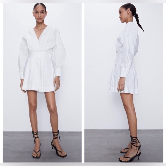 ZARA V-Neck Crossed pleated White mini cotton long sleeve Shirt Dress XS NWT - Picture 3 of 16